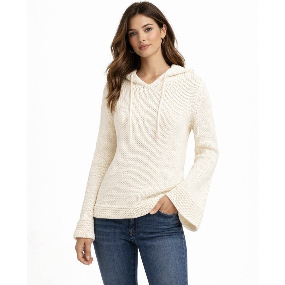 Vintage Y2K GAP Ivory Cotton Fisherman Sweater M Hooded Cable Knit Bell Sleeve